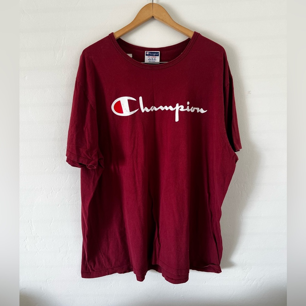 Men’s Champion Short-Sleeve Logo Tee in Burgundy with White Accent